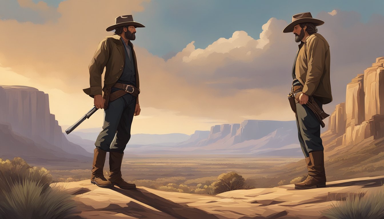 A tense standoff in a rugged western landscape, with two imposing figures facing off, exuding confidence and determination