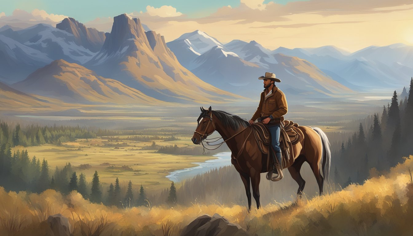 A rugged cowboy on horseback surveys a vast, mountainous landscape, with a sprawling ranch in the background