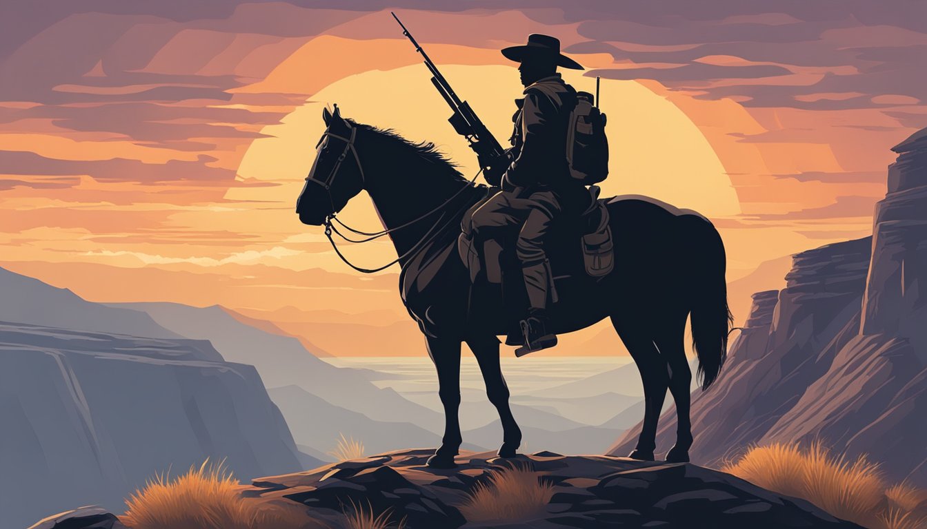 A lone figure stands in the vast, rugged wilderness, silhouetted against a dramatic sunset. A horse and a rifle are nearby, evoking a sense of strength and determination