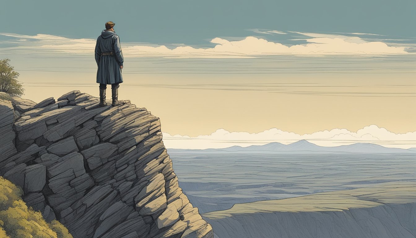 A lone figure stands atop a cliff, surveying a vast and rugged landscape. A sense of power and control emanates from the figure, who exudes an air of authority and dominance