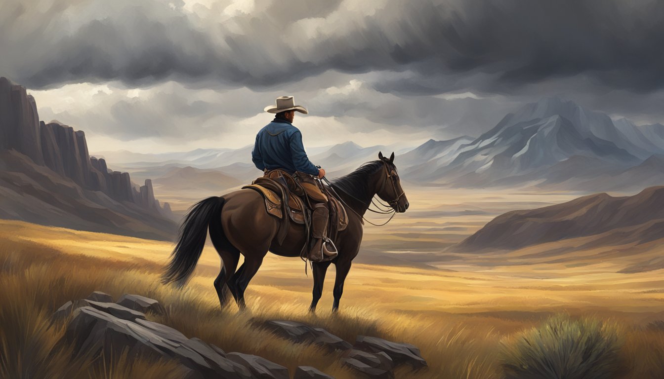 A rugged cowboy on horseback surveys a vast, untamed landscape, with mountains in the distance and a storm brewing overhead