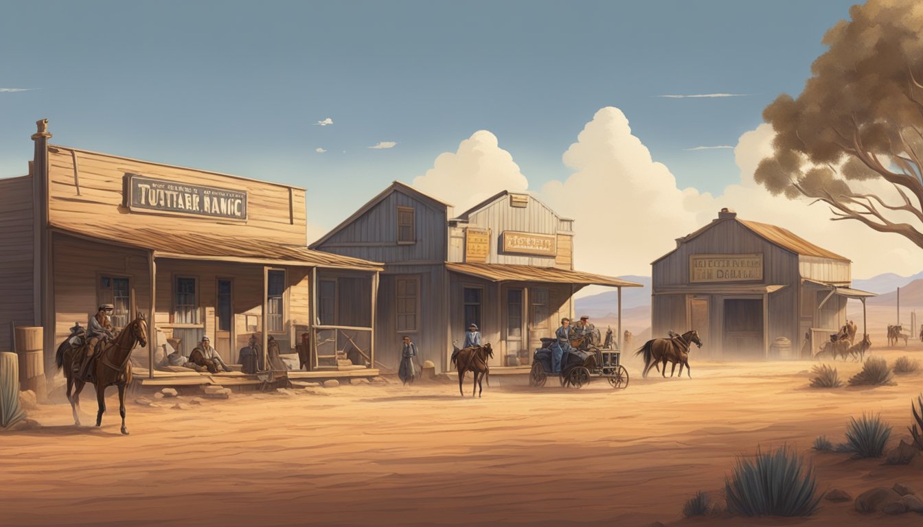 A dusty western town, with a rugged ranch and a remote Australian outback station, both with iconic hero figures in the foreground