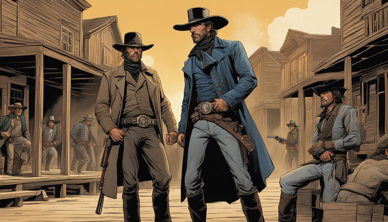 A tense standoff in a dusty Western town, with John Dutton and Jonah Hex facing off, their steely gazes and clenched fists revealing the intense rivalry between them