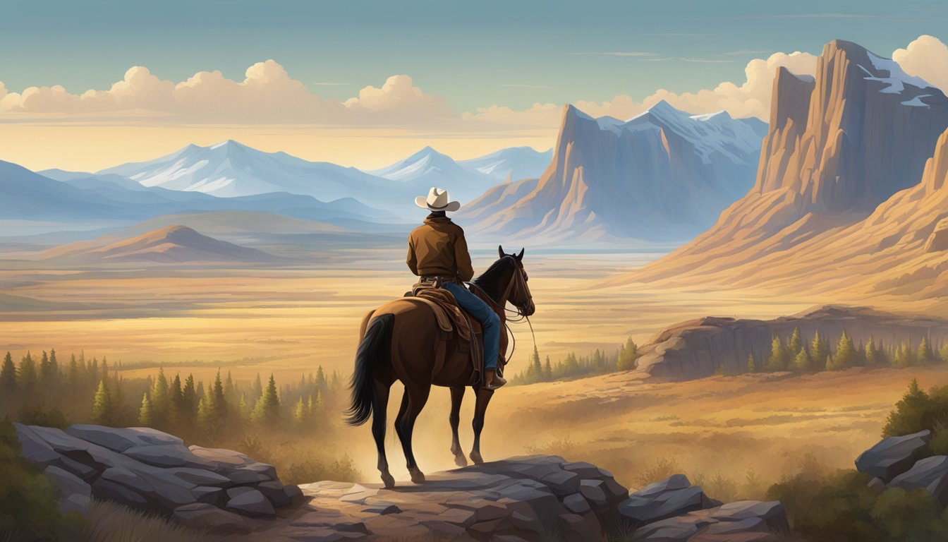 A lone cowboy on horseback surveys a vast, rugged landscape with mountains in the distance