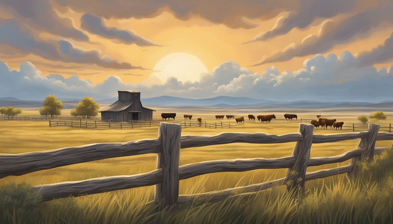 A cowboy hat rests on a weathered fence post, surrounded by sprawling fields and grazing cattle under a big western sky