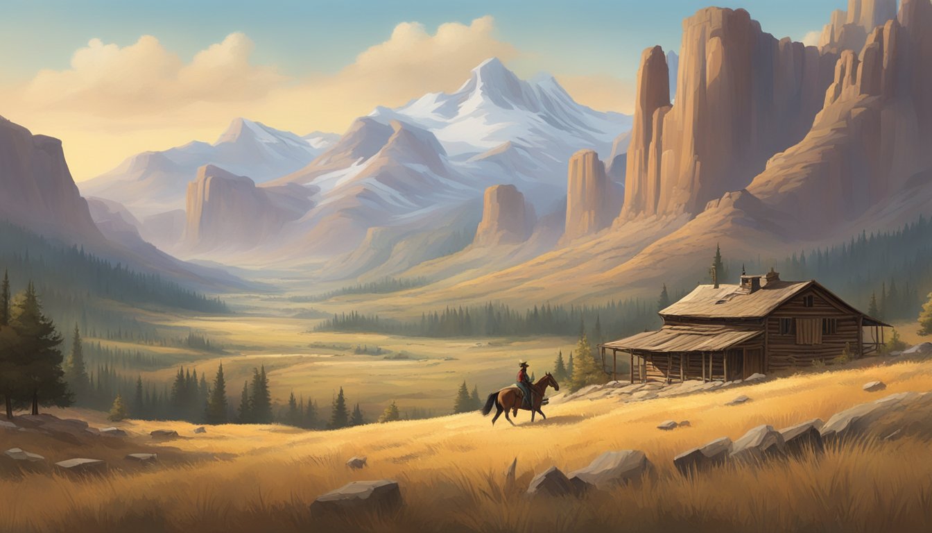 A vast, rugged landscape with a lone figure on horseback, surrounded by iconic Western elements such as mountains, wildlife, and a rustic homestead