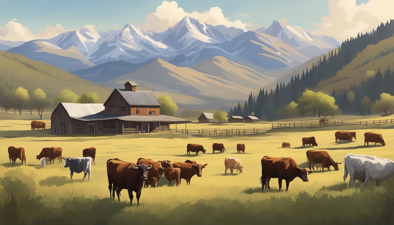 A sprawling ranch with rugged mountains in the background, a herd of cattle grazing, and a rustic homestead in the distance