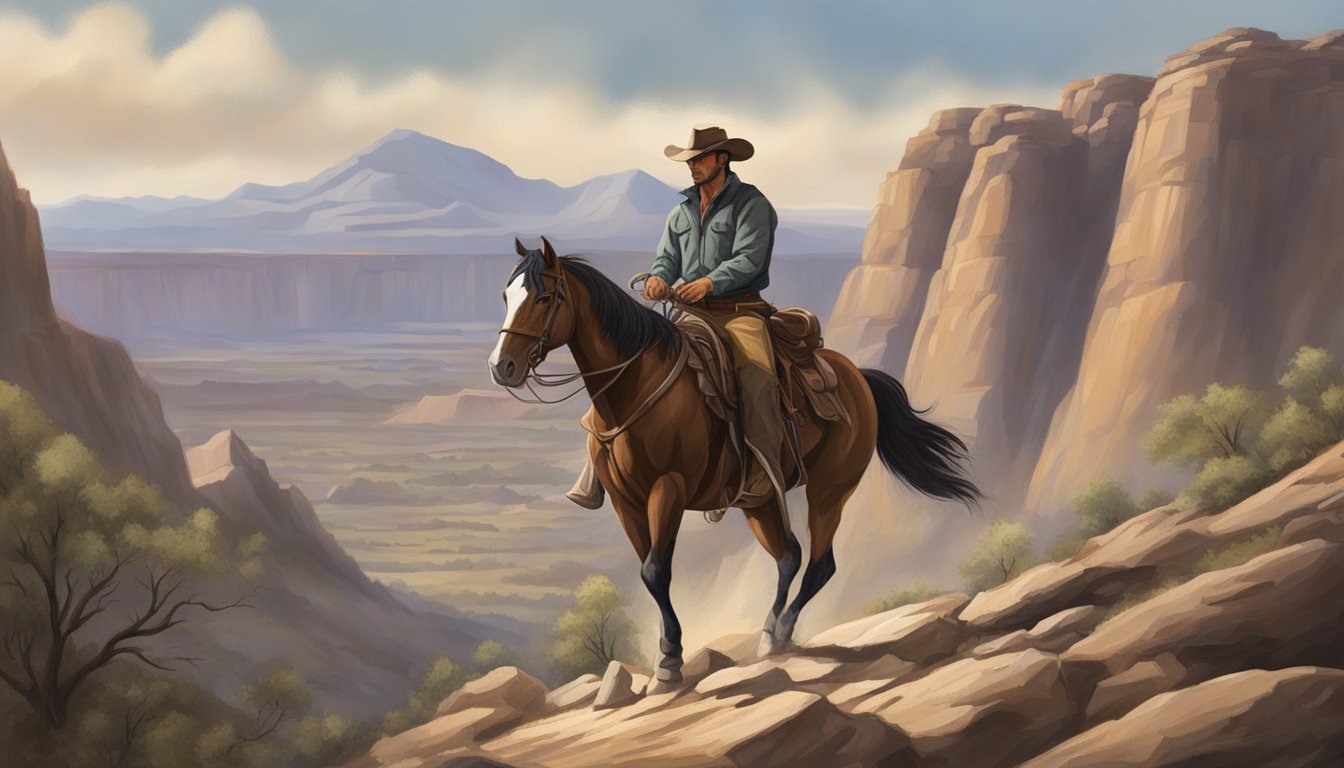 A rugged cowboy on horseback emerges from a dramatic, rocky landscape, with a sense of determination and strength