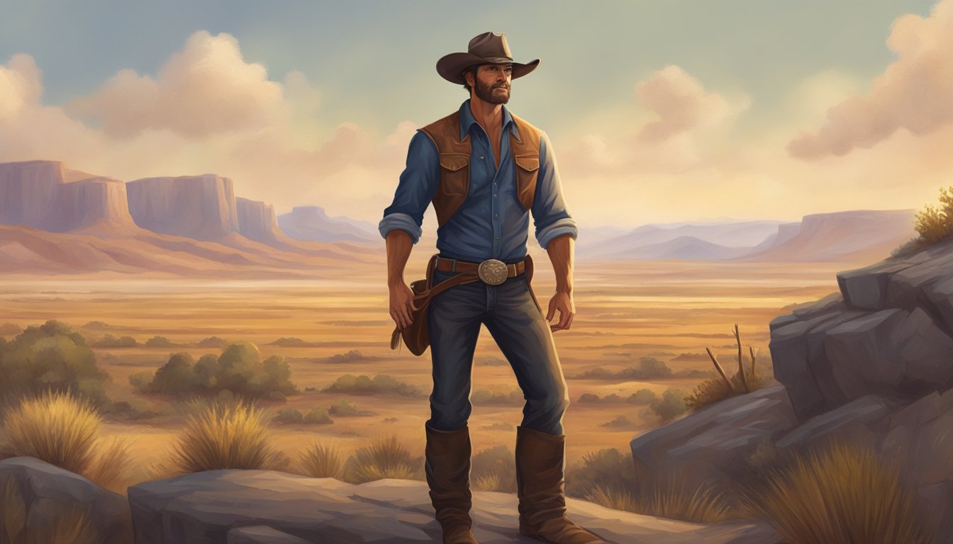 A rugged cowboy stands tall in a vast, untamed landscape, with a determined look in his eyes and a sense of strength and resilience emanating from his posture