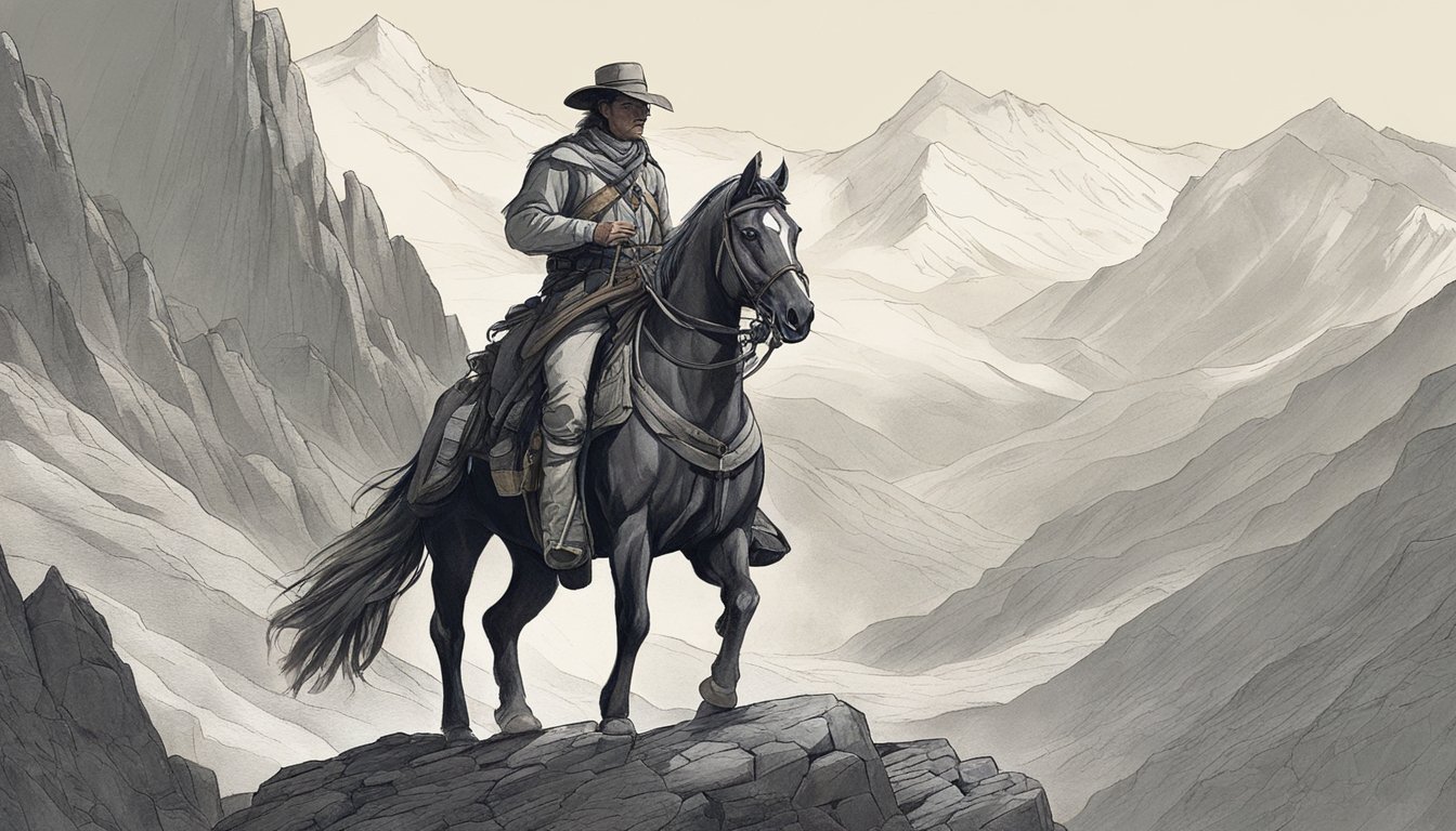 A rugged, mountainous landscape with a lone figure on horseback. The figure is dressed in Western attire, exuding strength and determination