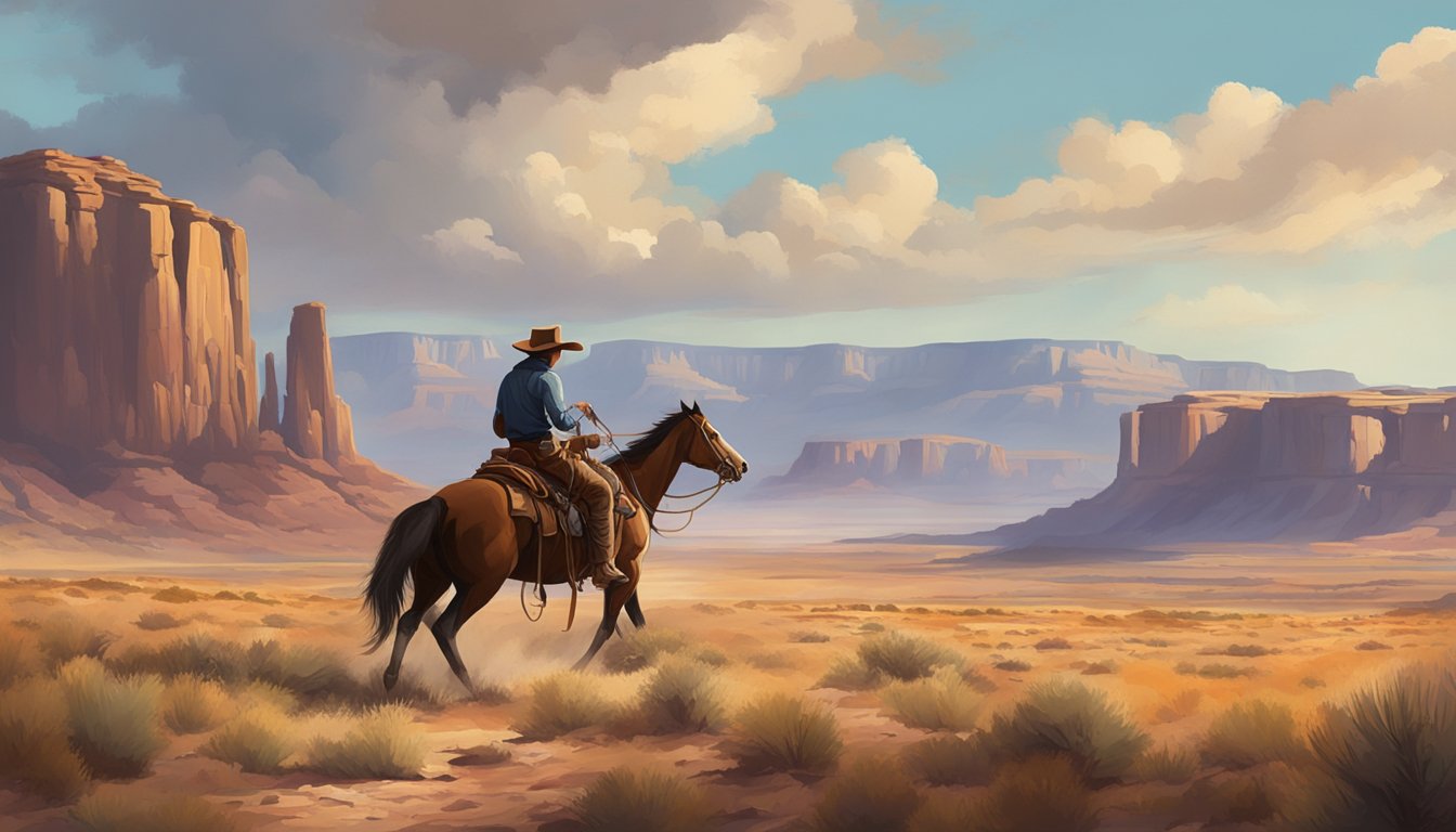 A tense showdown between two rugged cowboys on horseback, set against the backdrop of a vast, untamed Western landscape