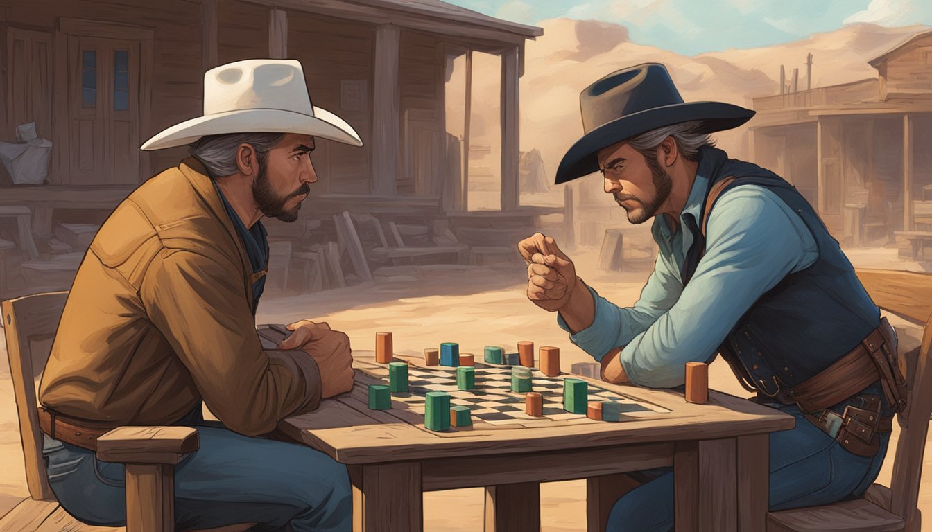 A tense showdown in a dusty western town, with John Dutton and Bret Maverick facing off in a high-stakes card game