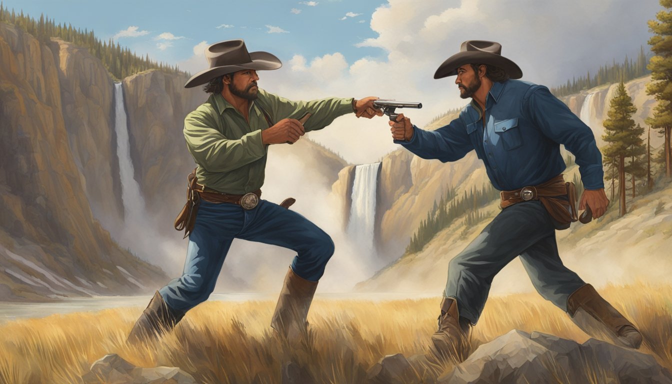 A dramatic showdown between John Dutton and Bret Maverick, set against the rugged backdrop of the Yellowstone wilderness