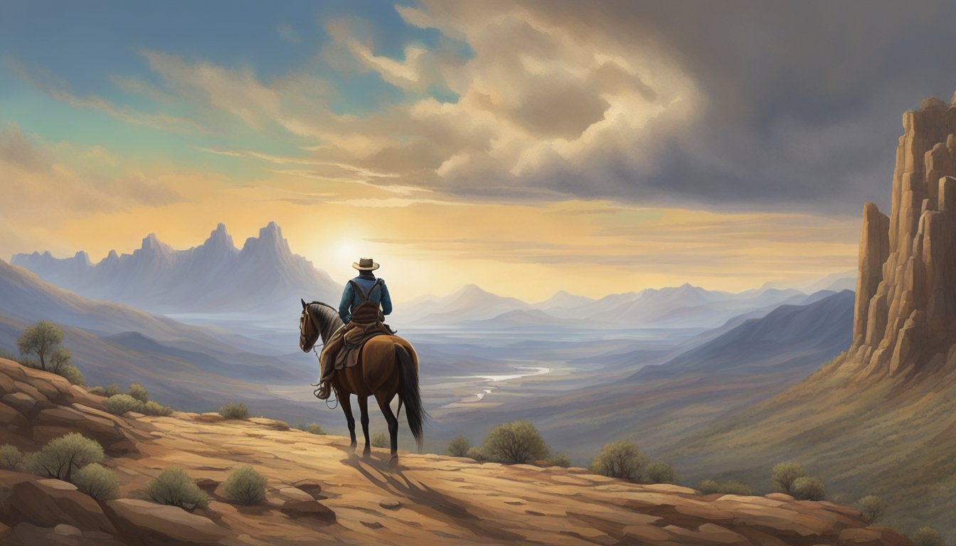 A lone figure on horseback surveys the vast expanse of a rugged western landscape, with mountains in the distance and a dramatic sky overhead