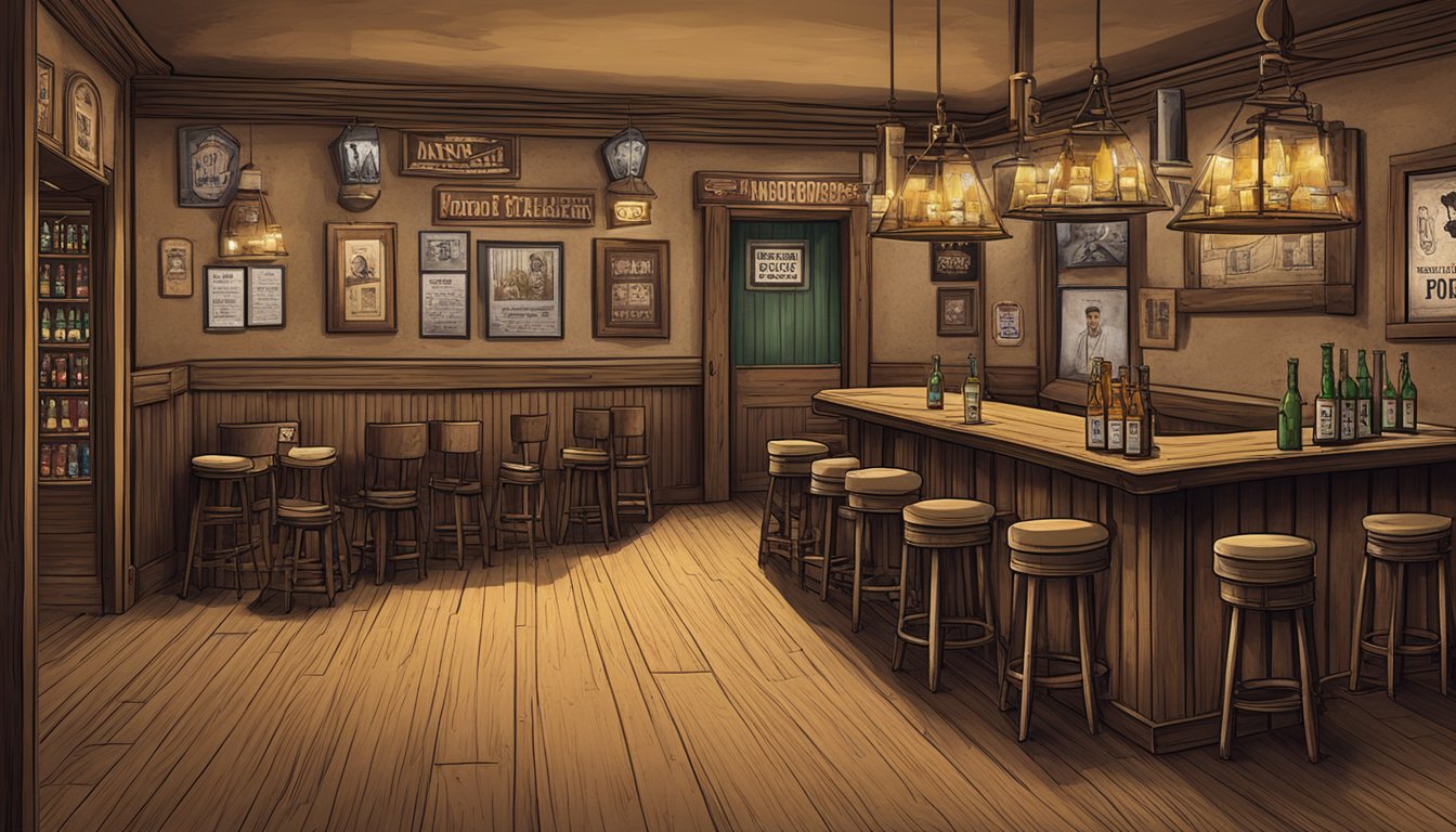 A dusty saloon with poker tables, whiskey bottles, and a wanted poster of John Dutton and Bret Maverick hanging on the wall