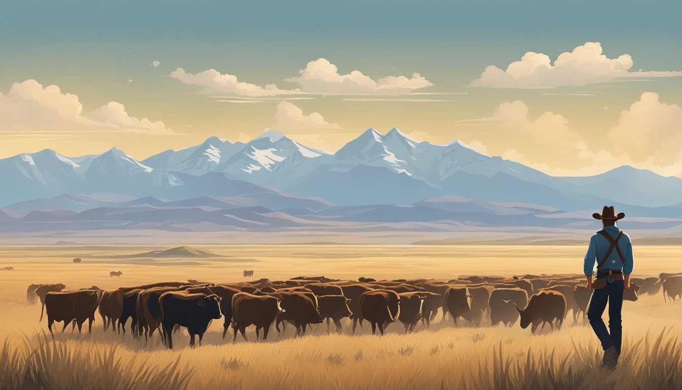 A rugged cowboy stands proudly on a vast open prairie, with a herd of cattle in the background and a majestic mountain range looming in the distance