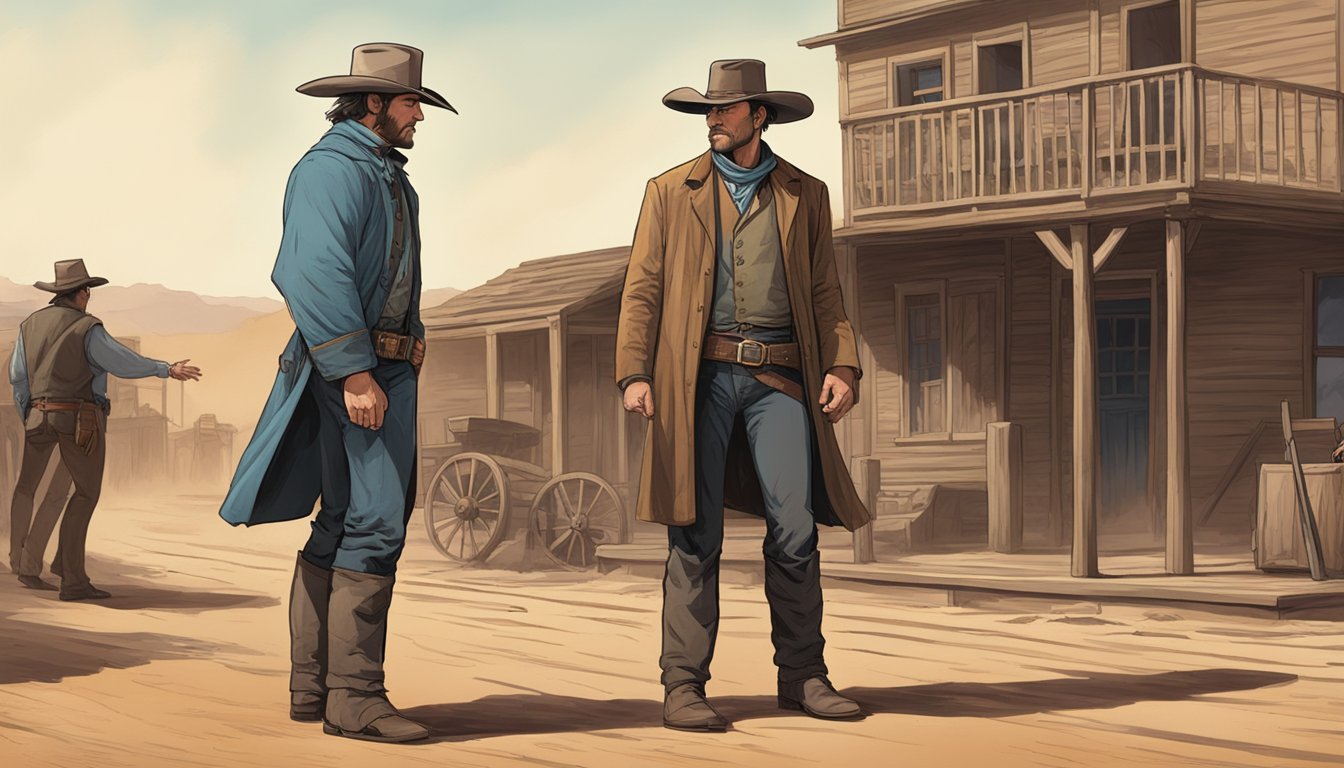 A tense standoff between John Dutton and Bret Maverick in a dusty Western town, with both characters exuding confidence and determination