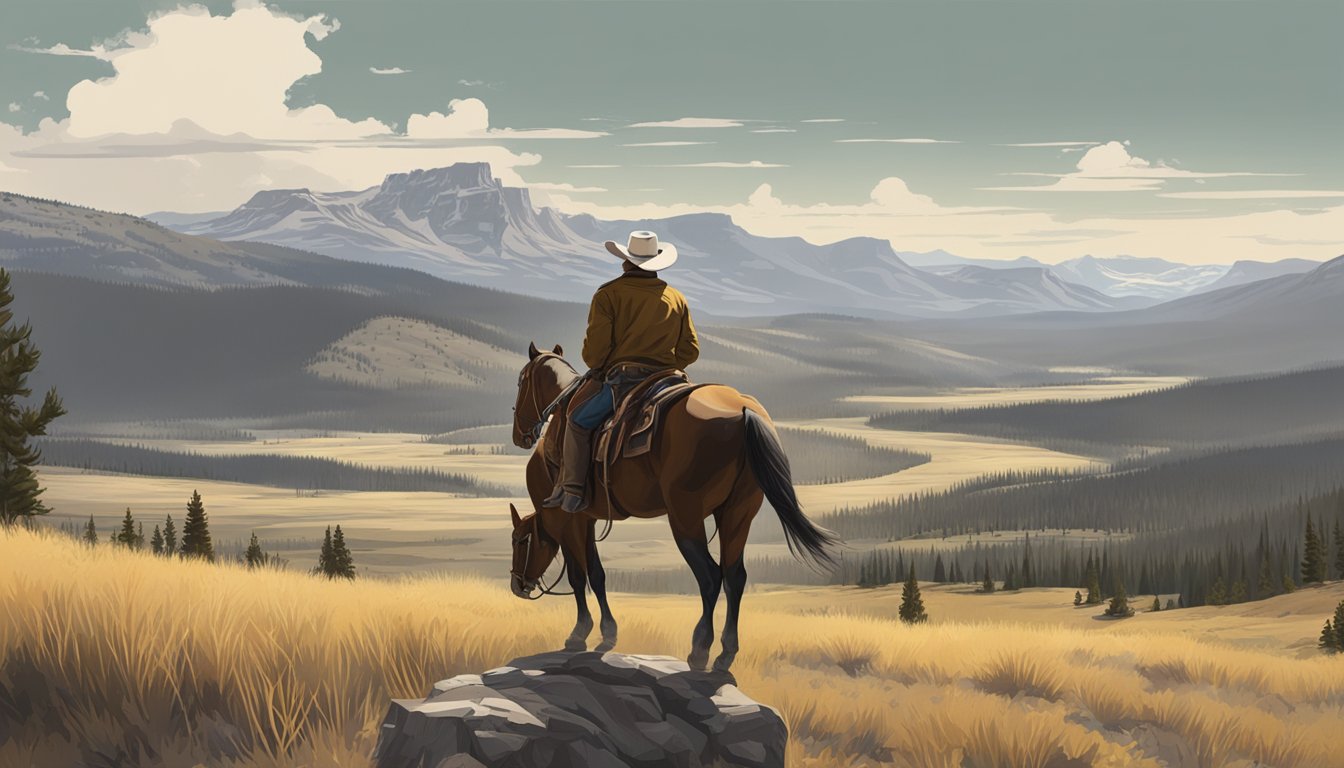 A rugged cowboy on horseback, surveying the vast expanse of the Yellowstone ranch, with mountains in the background