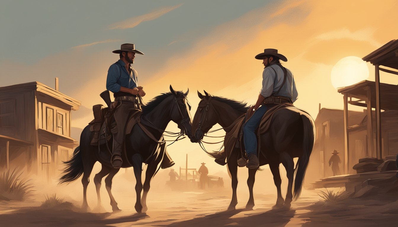 A tense standoff between two rugged cowboys in a dusty western town, with the sun setting behind them and their steely gazes locked in a silent battle of wills