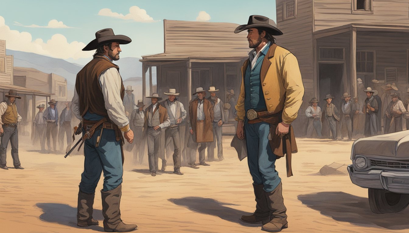 A showdown between John Dutton and Bret Maverick in a dusty Western town. The two figures face off, their eyes locked in a tense stare down, as the townspeople gather to watch and judge