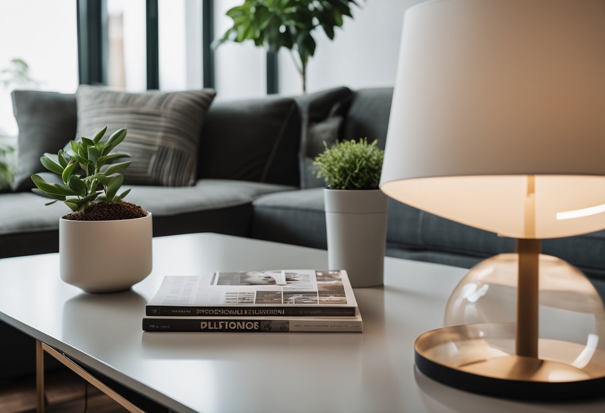 A stack of 5 interior design magazines arranged on a modern coffee table with a sleek lamp and potted plant nearby