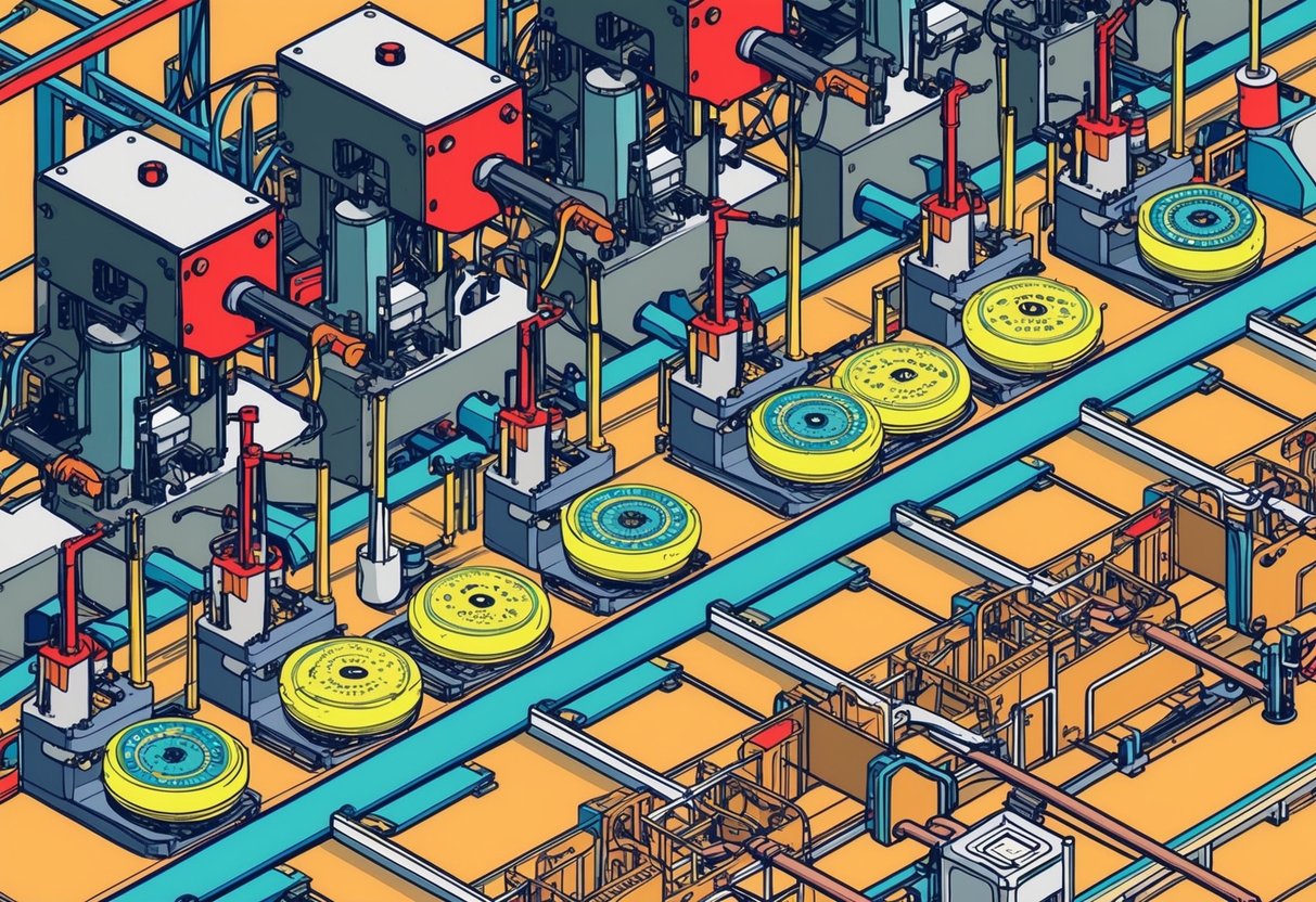 Machines mold and stamp plastic into disc golf discs on a factory assembly line