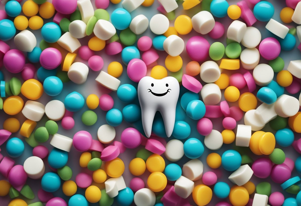 A smiling tooth surrounded by protective barriers like fluoride, floss, and healthy foods, while sugary treats and bacteria are kept at a distance