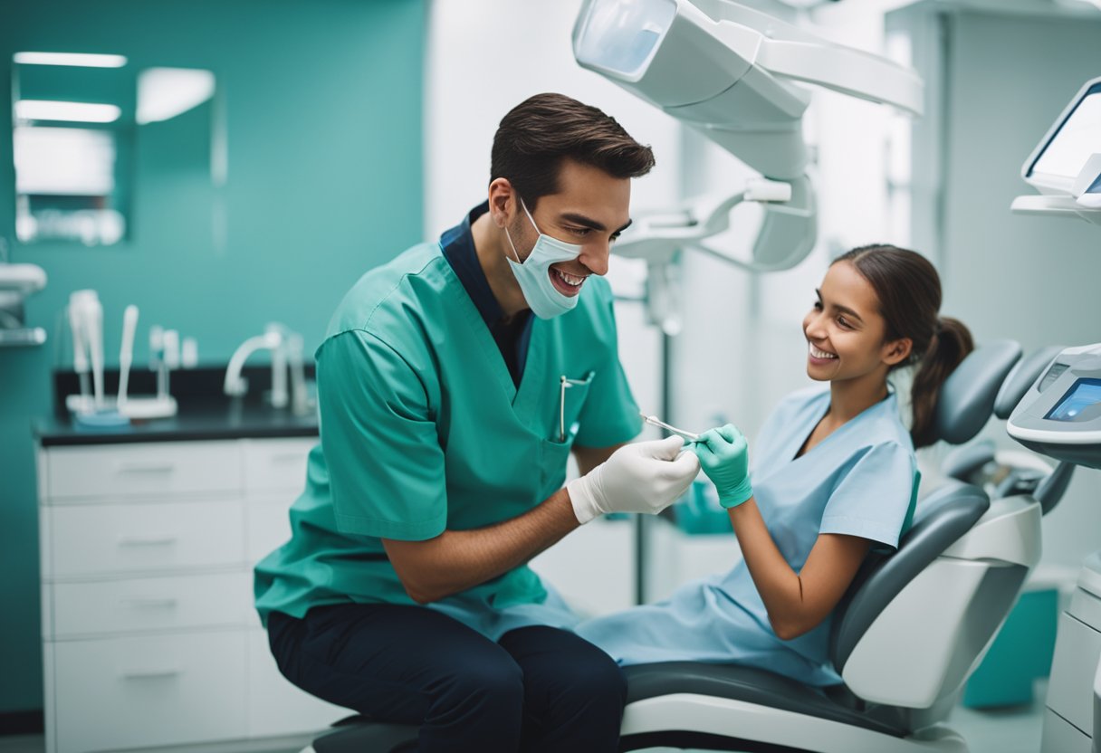 A dentist demonstrating proper brushing and flossing techniques to a patient in a modern dental office