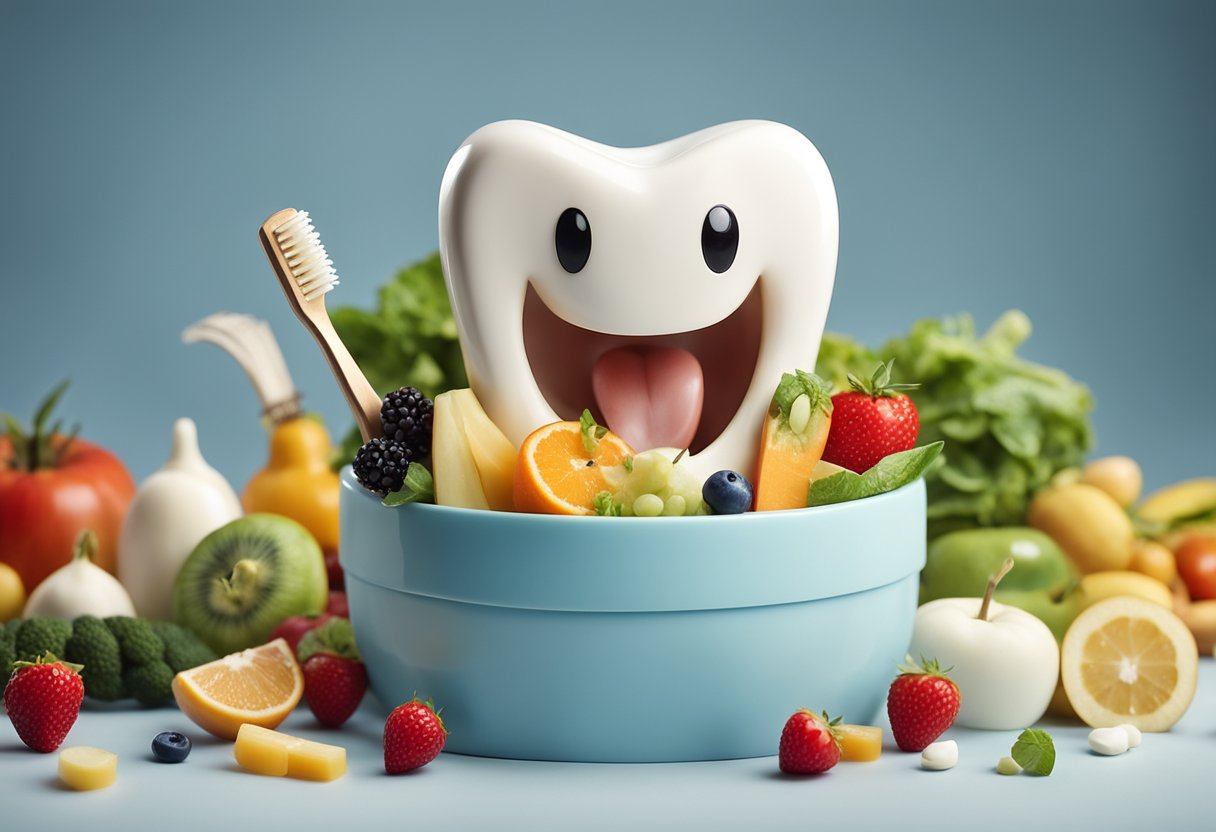 A happy, smiling tooth surrounded by healthy foods and a toothbrush