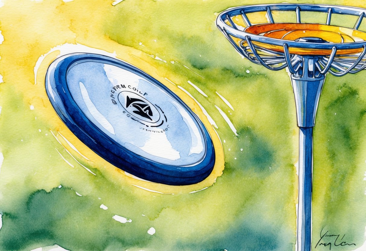 A disc golf putter flying smoothly towards the basket, glinting in the sunlight with perfect weight and balance