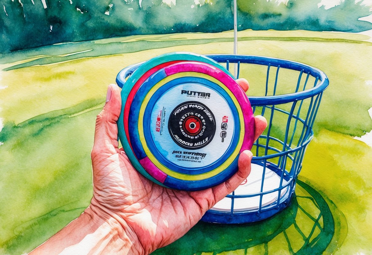 A hand holding different weighted putter discs, with a disc golf basket in the background