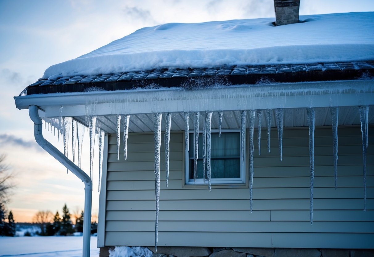 Snow-covered house with icicles hanging from the roof. Cracks in the foundation due to freezing and thawing. Gutters and downspouts directing water away from the home