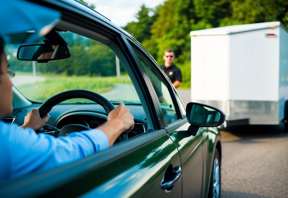 En person som kör en bil under övervakning av en instruktör, med en släpvagn kopplad till bilen