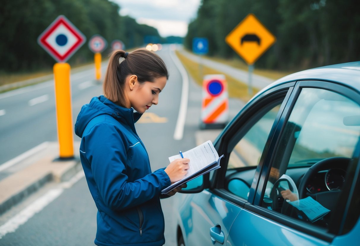 En person som studerar en körhandbok med en bil, trafikskyltar och en väg i bakgrunden