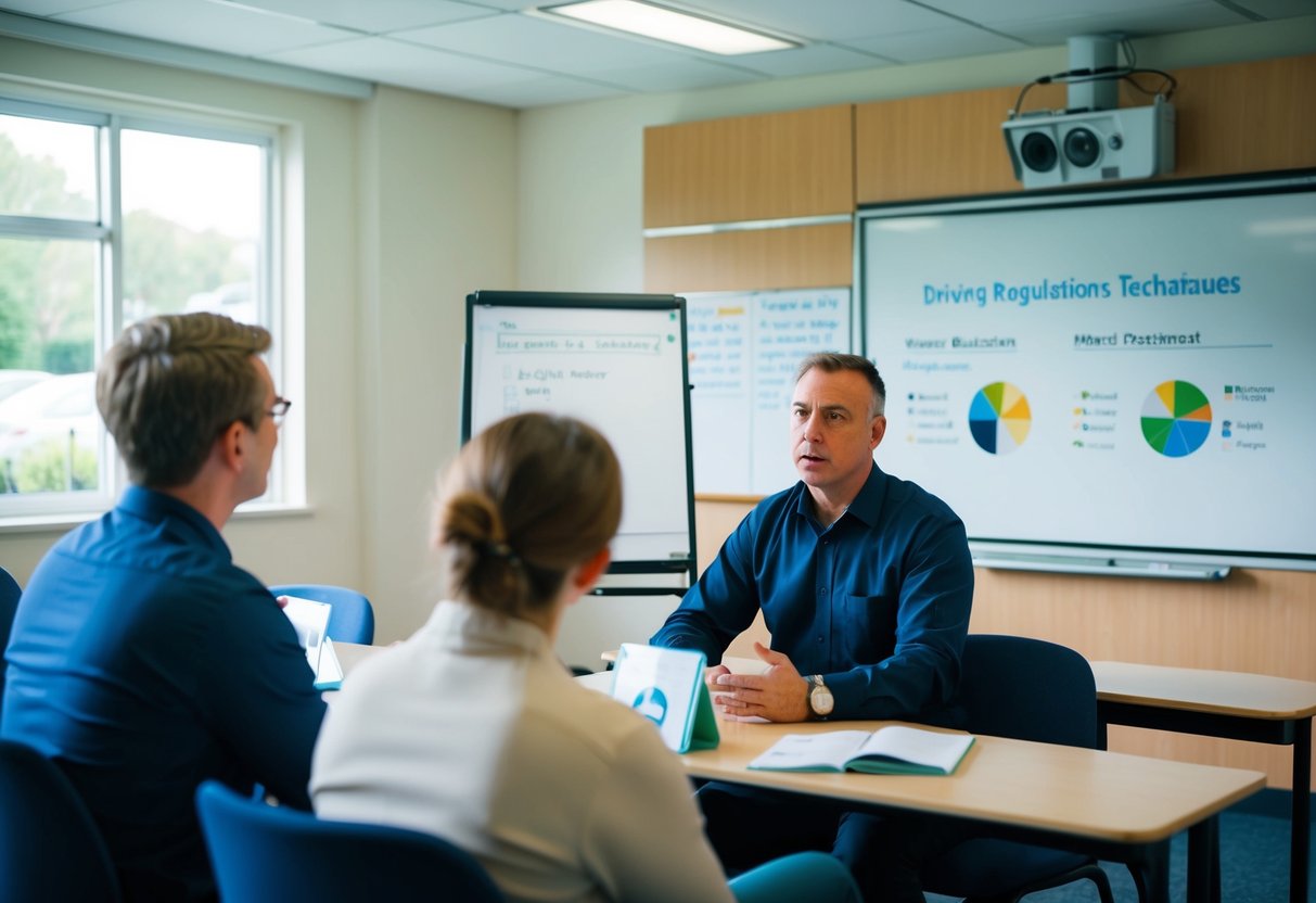 En person sitter i ett klassrum och lyssnar på en instruktör som förklarar körregler och tekniker. Visuella hjälpmedel och en whiteboard används för undervisning.