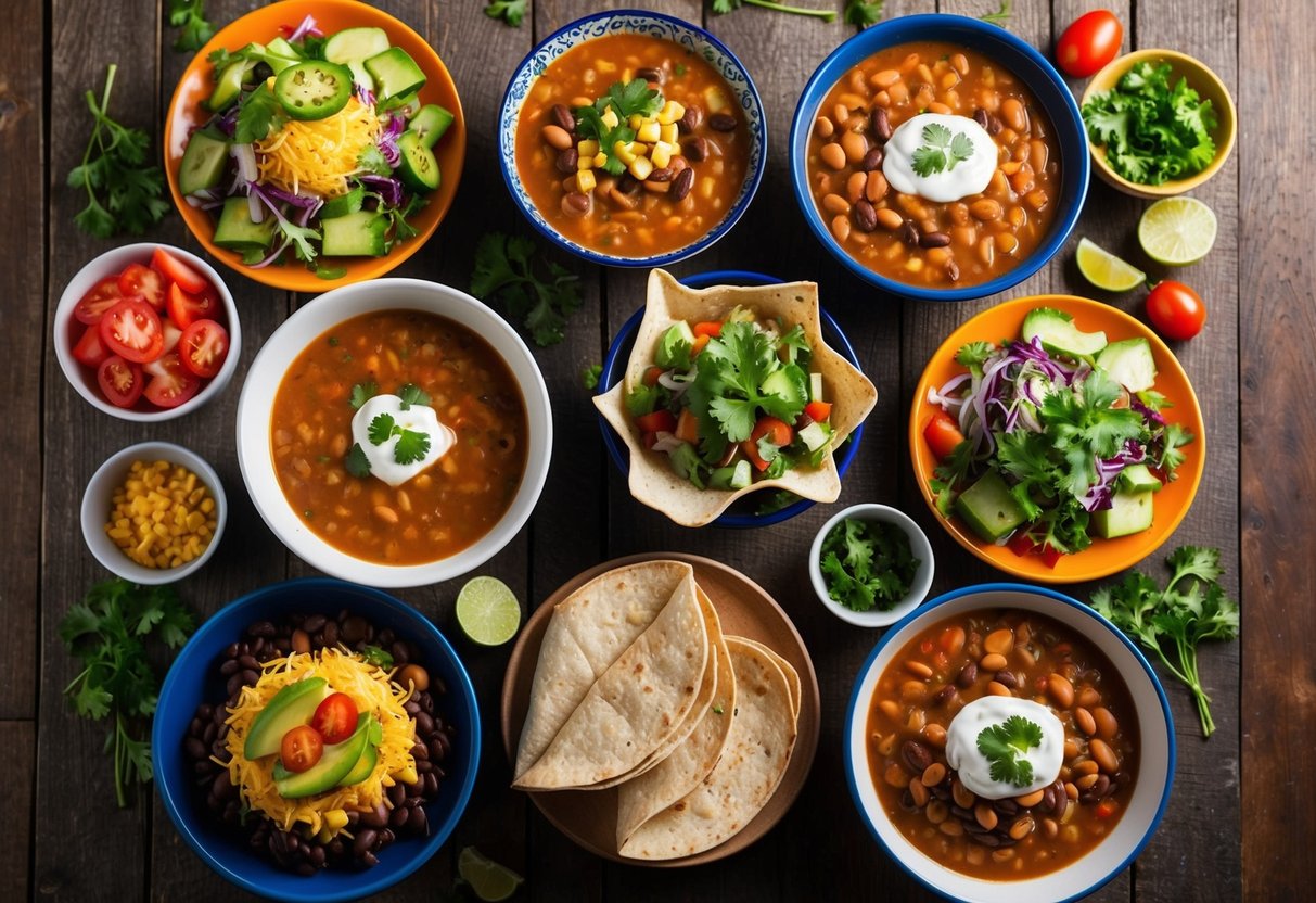 A colorful array of pinto bean-based dishes, including soups, salads, and burritos, arranged on a rustic wooden table with fresh ingredients scattered around