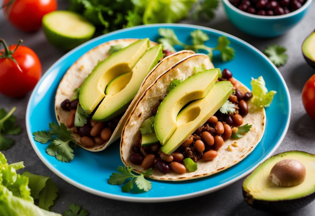 A colorful plate of pinto bean tacos topped with sliced avocado, surrounded by fresh ingredients like lettuce, tomatoes, and cilantro