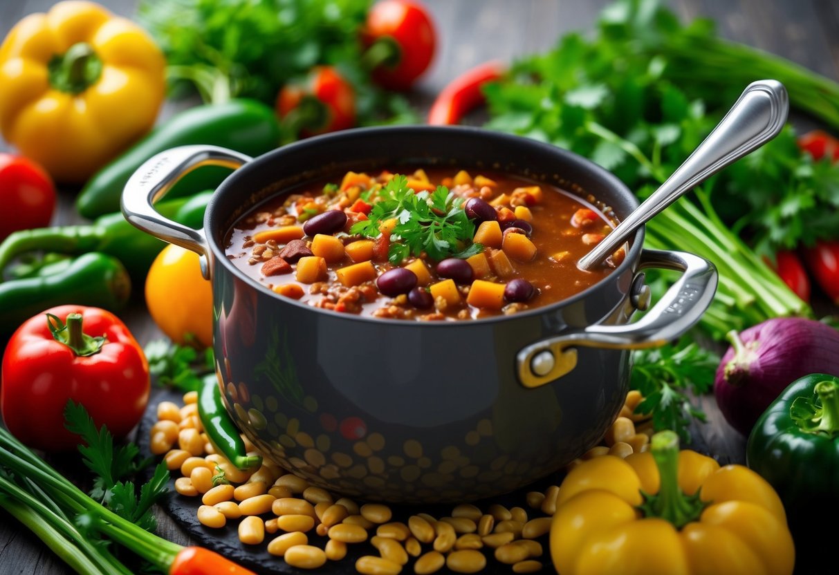 A simmering pot of vegan pinto bean chili surrounded by colorful vegetables and herbs