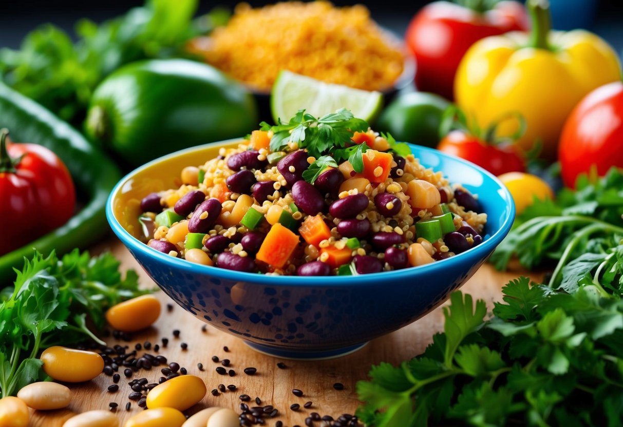 A colorful bowl filled with pinto beans, quinoa, and fresh vegetables, surrounded by vibrant ingredients and herbs