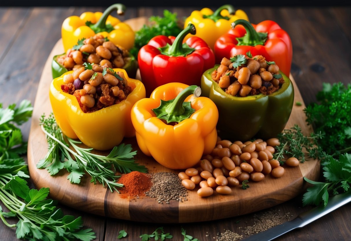 A colorful array of stuffed bell peppers and pinto beans arranged on a wooden cutting board, surrounded by fresh herbs and spices