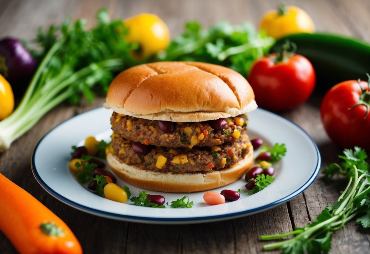 A plate of pinto bean burgers surrounded by colorful vegetables and herbs