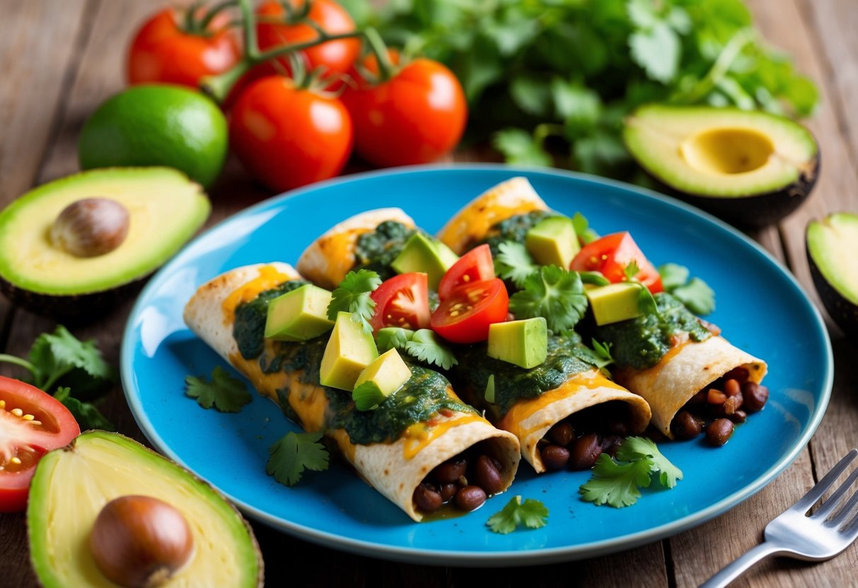 A colorful plate of pinto bean and spinach enchiladas surrounded by fresh ingredients like tomatoes, avocados, and cilantro