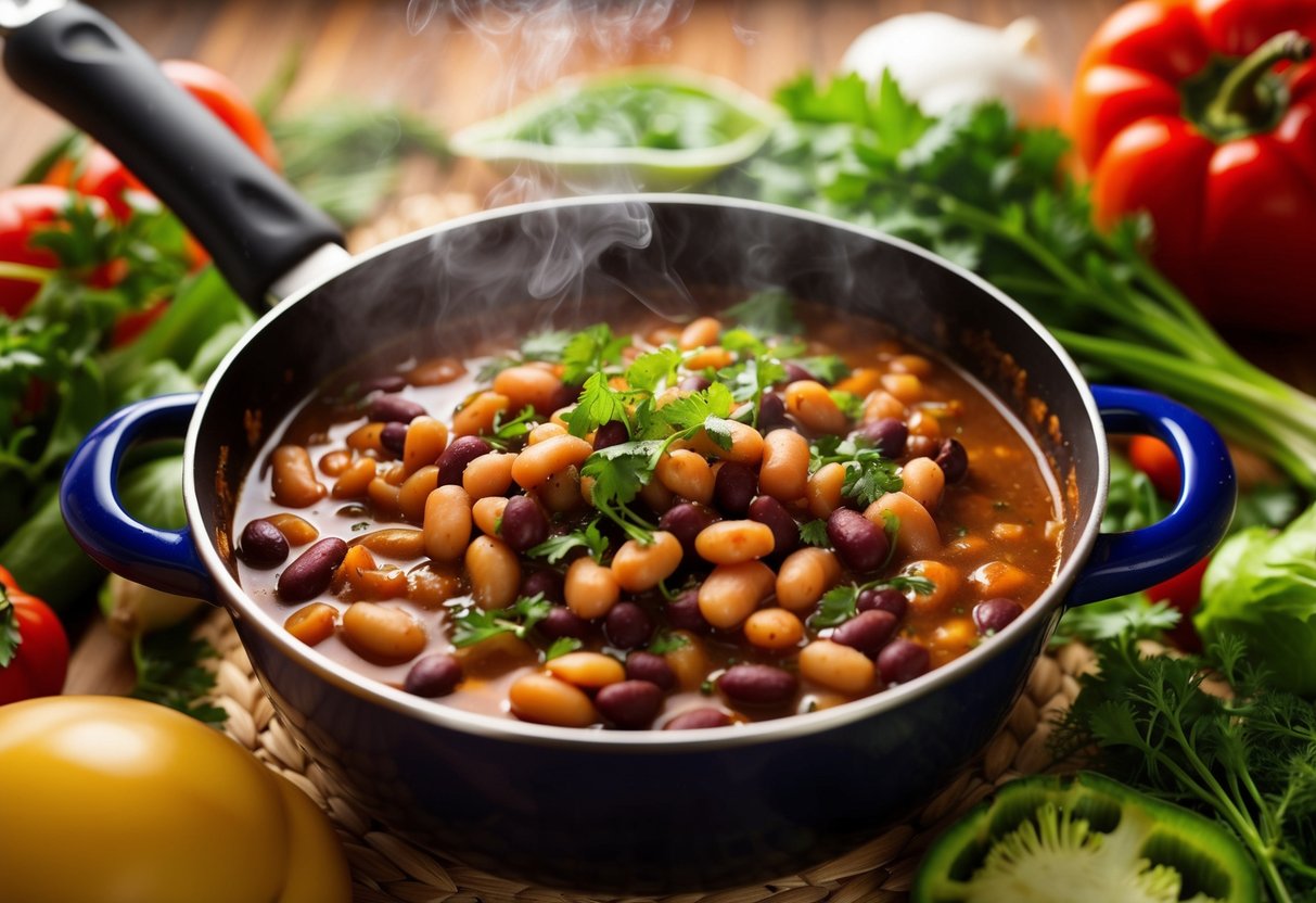 A steaming pot of pinto bean stew surrounded by fresh vegetables and herbs, with a warm and inviting atmosphere