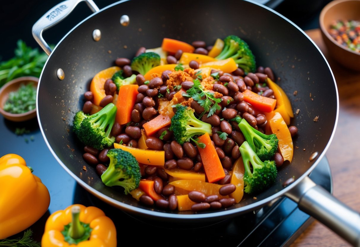 A colorful stir-fry sizzling in a wok, featuring pinto beans, bell peppers, carrots, and broccoli, with a variety of vibrant spices and herbs