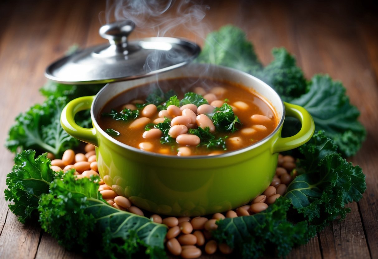 A steaming pot of pinto bean soup with kale surrounded by vibrant, fresh pinto beans and kale leaves