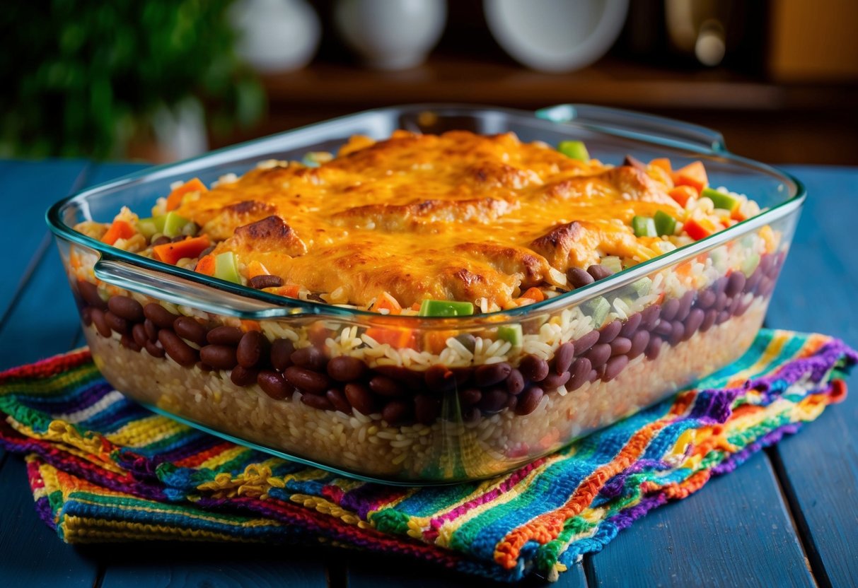 A colorful casserole dish filled with layers of cooked pinto beans, rice, and assorted vegetables, topped with a golden brown crust