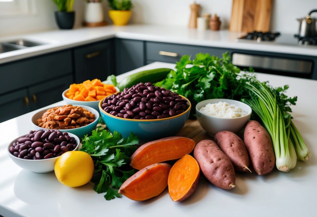 A colorful assortment of pinto beans, sweet potatoes, and vibrant vegetables arranged on a clean, white countertop