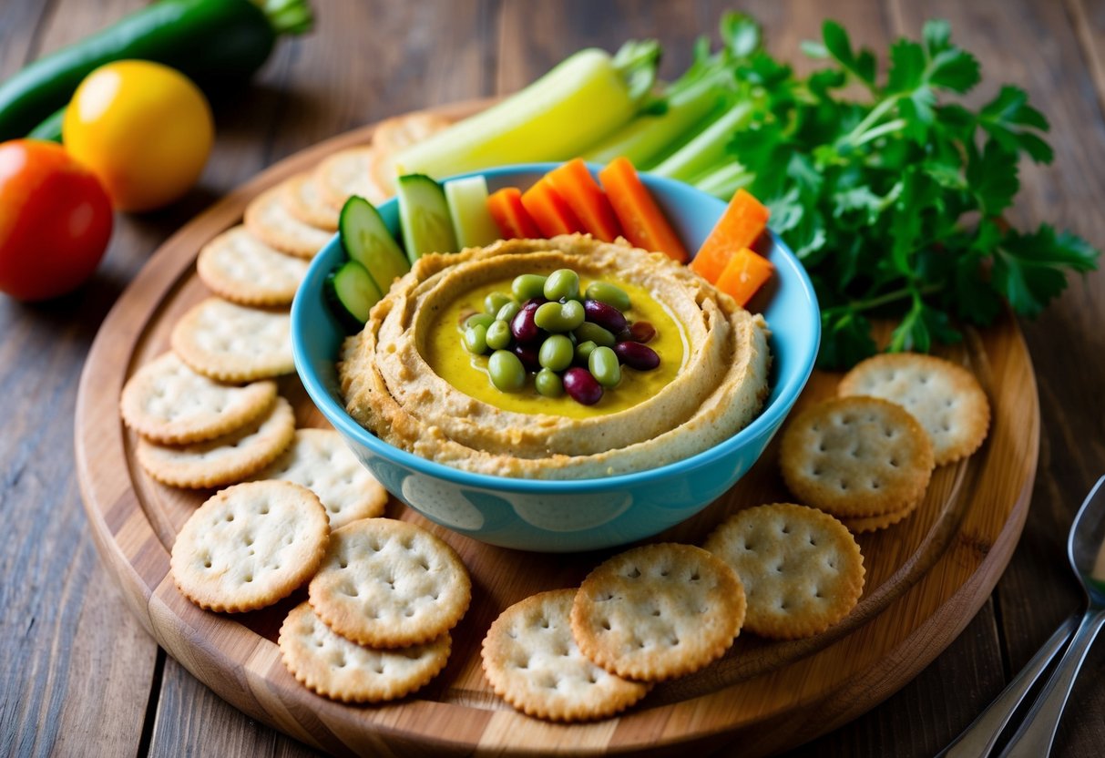 A bowl of pinto bean hummus surrounded by fresh vegetables and whole grain crackers on a wooden cutting board