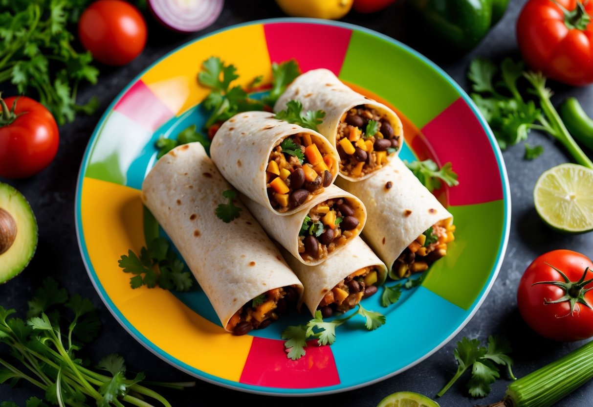 A colorful plate of pinto bean burritos surrounded by a variety of fresh vegetables and herbs, creating a vibrant and appetizing scene