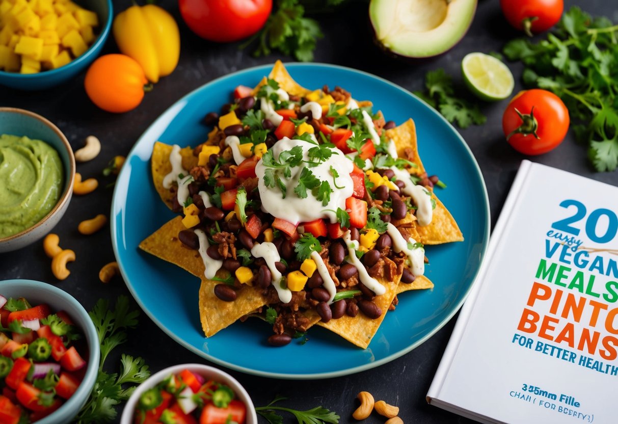 A plate of loaded pinto bean nachos topped with creamy cashew cheese and colorful fresh toppings, surrounded by vibrant ingredients and a cookbook titled "20 Easy Vegan Meals Using Pinto Beans for Better Health."